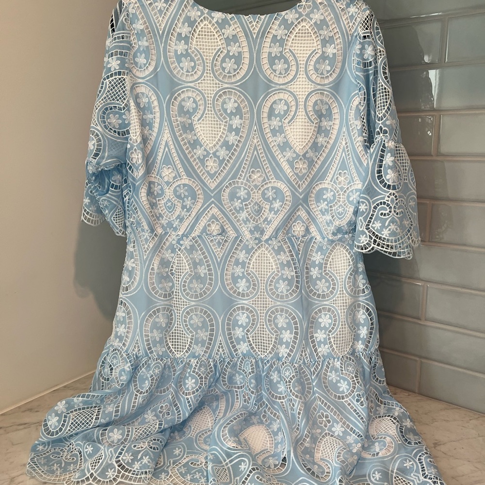 Boston Proper Light Blue and White Lace Fit-and-Flare Dress - Picture 2 of 3